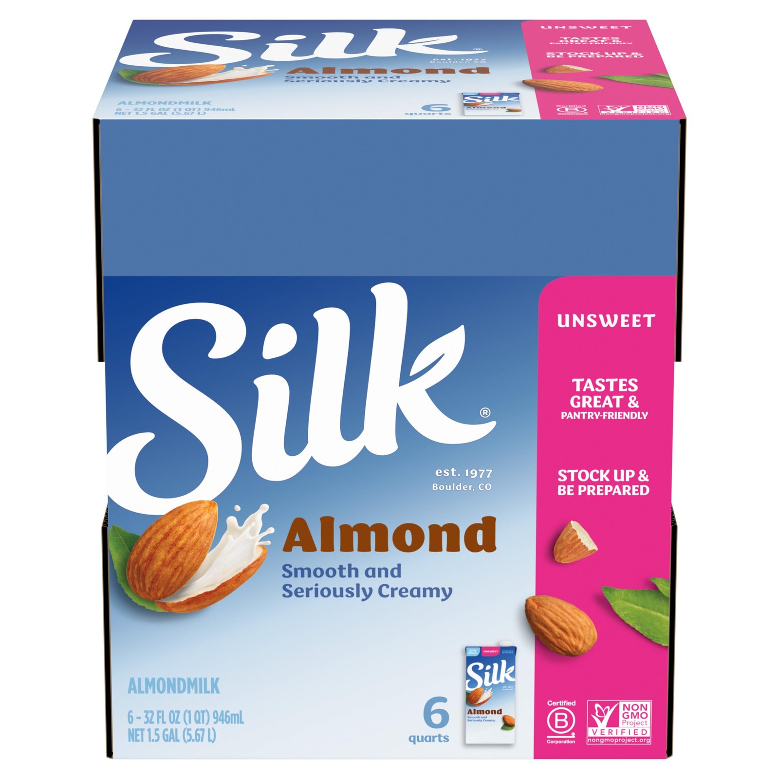 Silk Shelf-Stable Almond Milk, Unsweetened, Dairy-Free, 32 Fl Oz (Pack of 6)