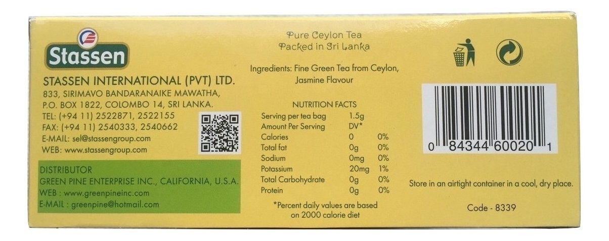 Jasmine Green Tea 100 Tea Bags Quality #1 – Stassen Pure – New!