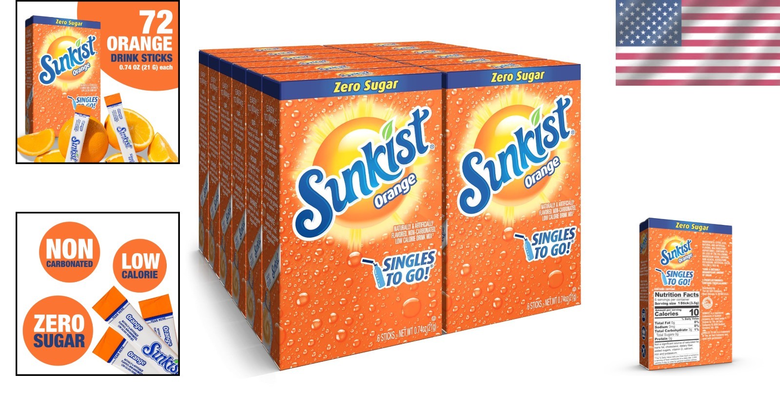Sunkist Soda Orange Singles Travel Pack – 12 Boxes, 72 Caffeine-Free Servings
