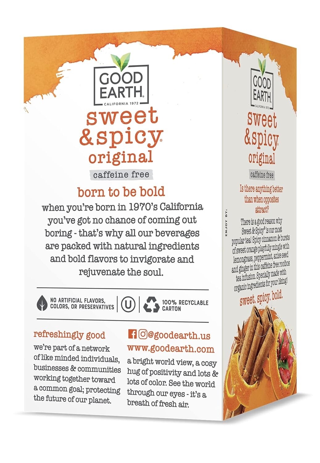 NEW – Lot 4 Boxes Good Earth Sweet & Spicy Caffeine Free Organic TEA (72 Total)