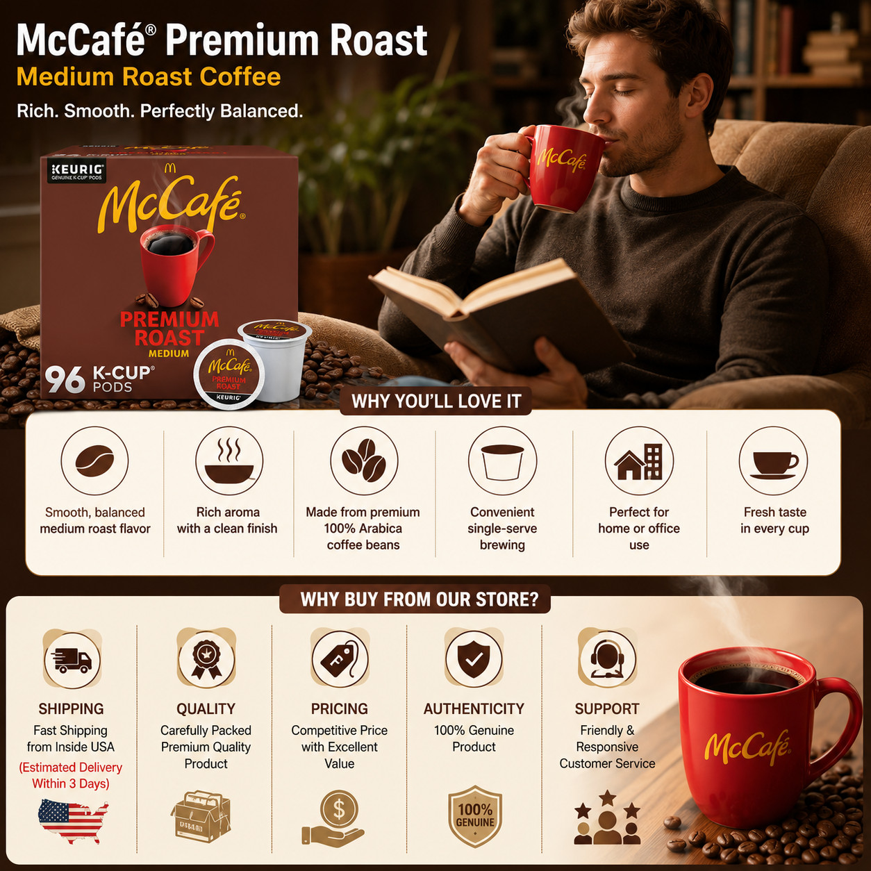 McCafe Premium Roast Coffee, Keurig Single Serve K-Cup Pods, Medium Roast, 96 Co