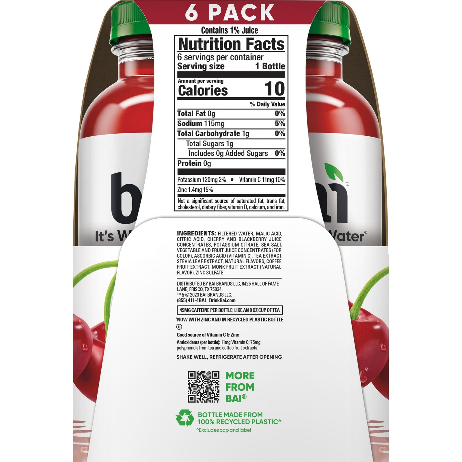 Bai Zambia Bing Cherry Antioxidant Water Beverage 14 fl oz 6 Pack Bottles