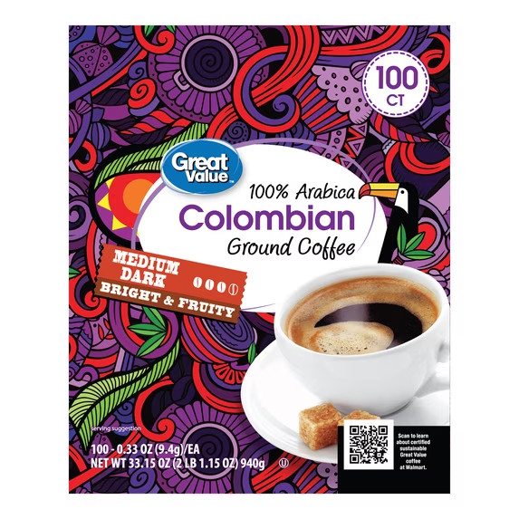 Great Value 100% Arabica Colombian Medium Dark Roast Coffee Pods 100 Ct K-Cups