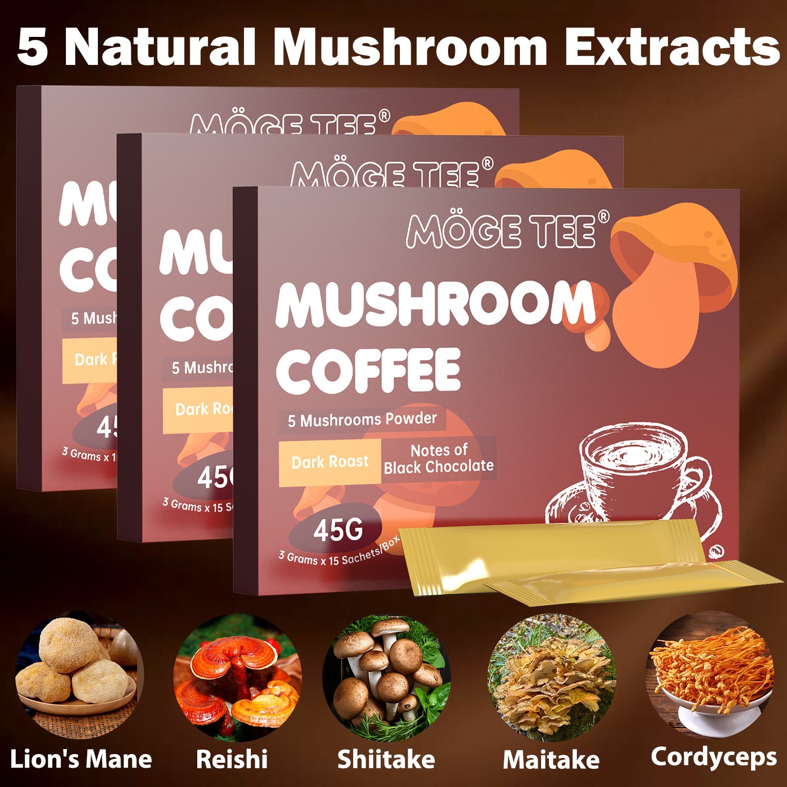 3 pack Organic Mushroom Coffee 5 Adaptogenic Mushroom 45 Sachets Brain & Immune