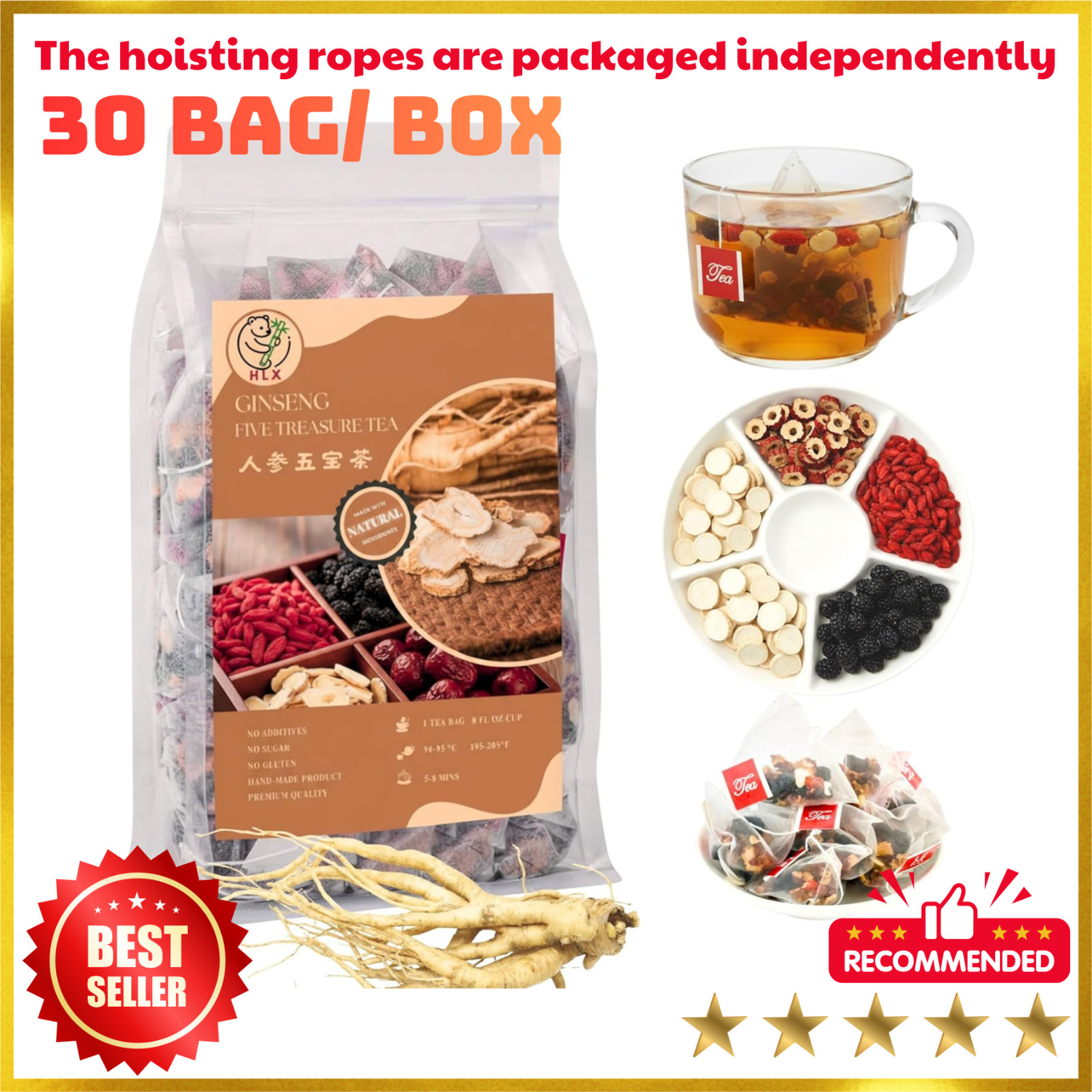 American Ginseng Five Treasures Tea, Wolfberry & Mulberry Herbal Tea, 30 Bags!!!