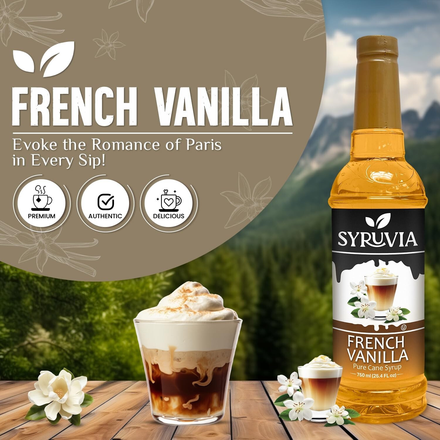 Syruvia French Vanilla Syrup 25.4 fl oz, Kosher, Gluten-Free, Perfect for Coffee
