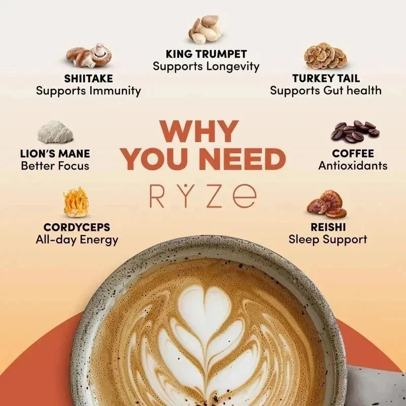 Organic RYZE Bright & Smooth Mushroom Coffee Blend 30 Servings Instant Free Ship