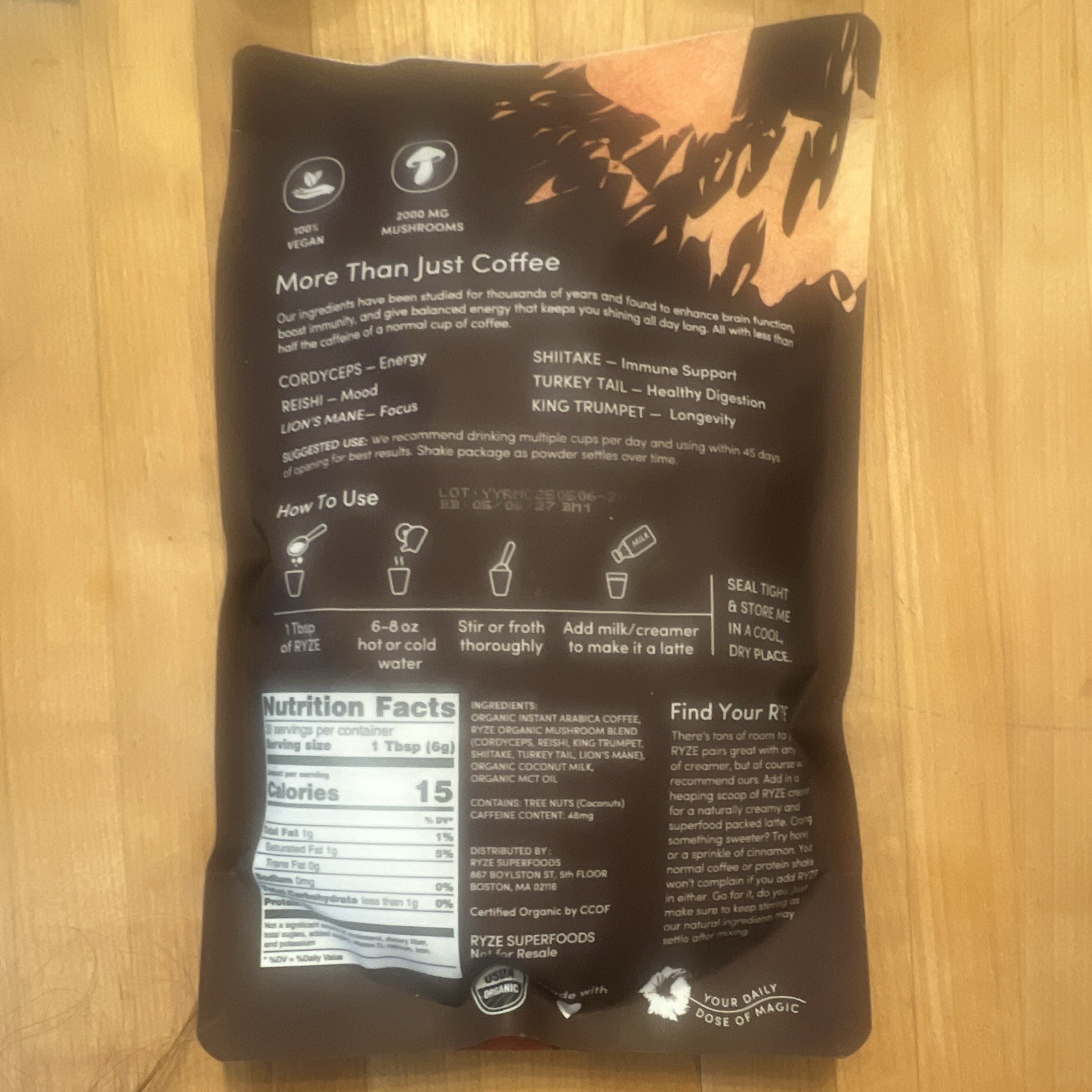 RYZE Mushroom Coffee Instant Drink Mix Vegan USDA Organic 180g 30 Servings