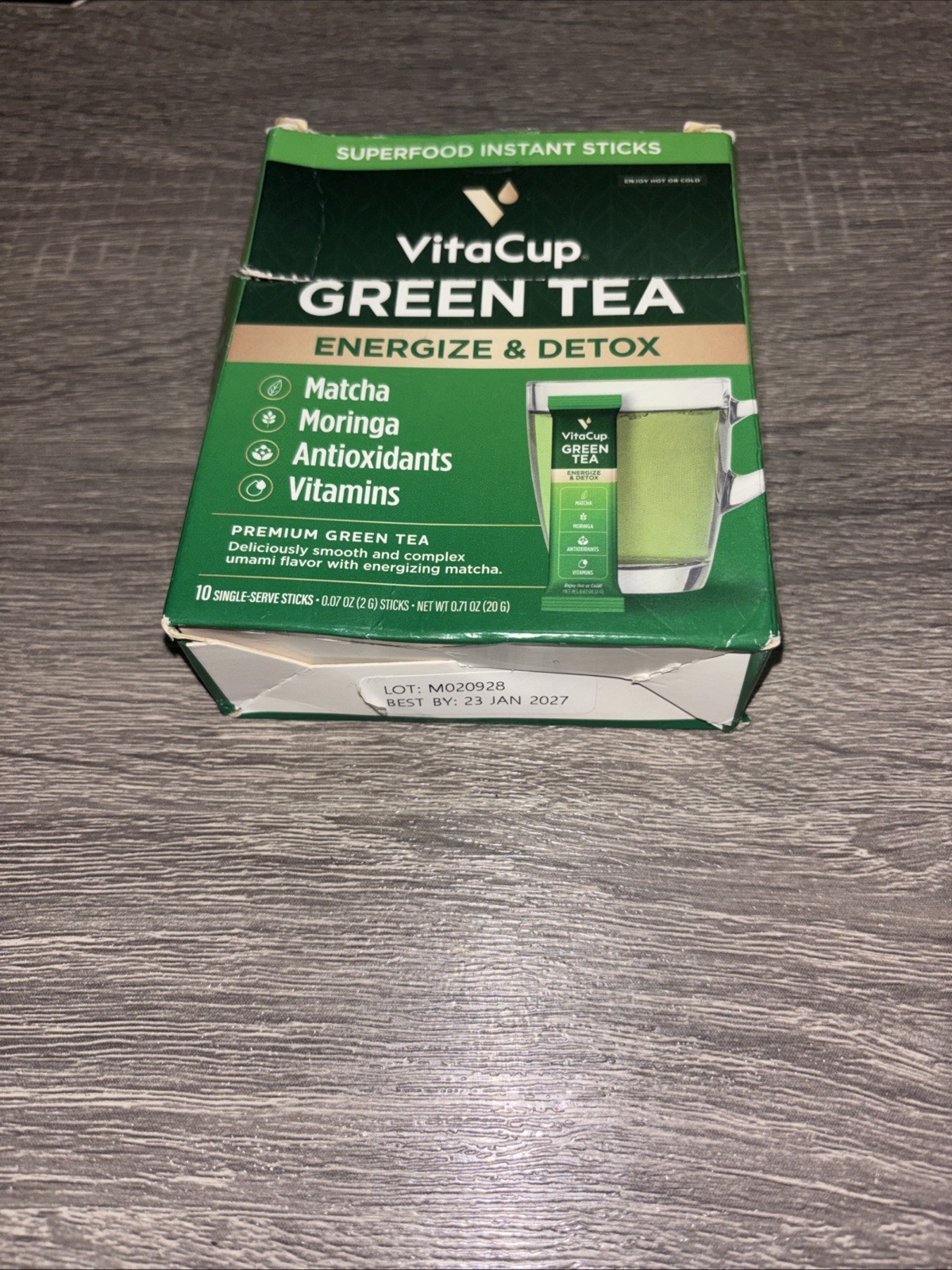 VitaCup Green Tea Instant Sticks Matcha Moringa Energy Detox 10 Pack BB 1/2027