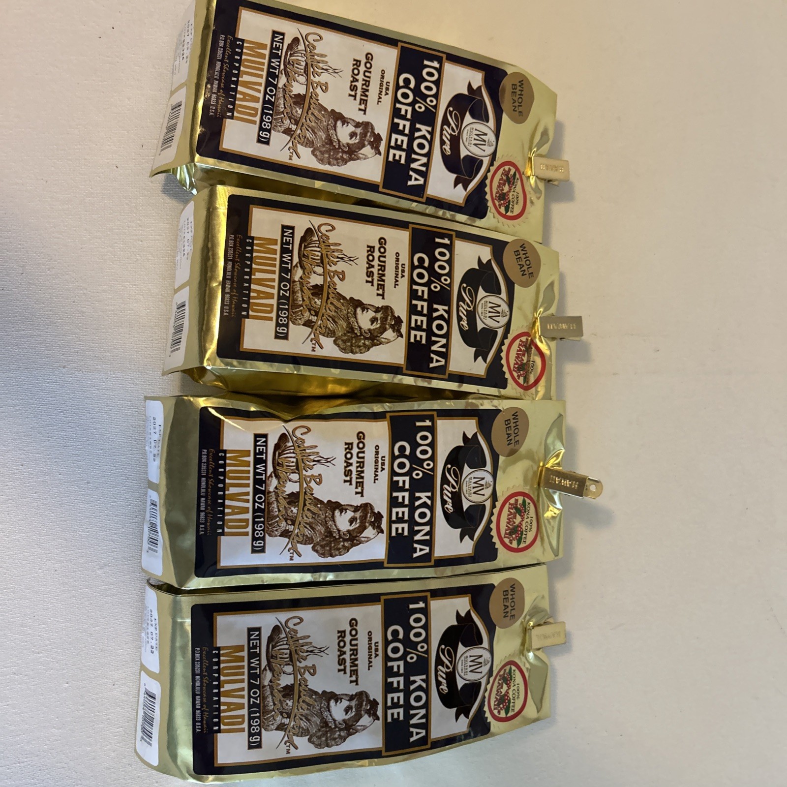 4 Packs Mulvadi 100% Kona Coffee Whole Bean 7 Oz Ea Bb 2/27 Gourmet Free Ship