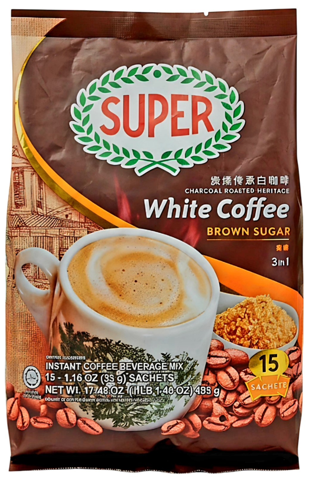 SUPER White Coffee Brown Sugar Charcoal 3-in-1 Instant Coffee 15ct 17.46oz Halal