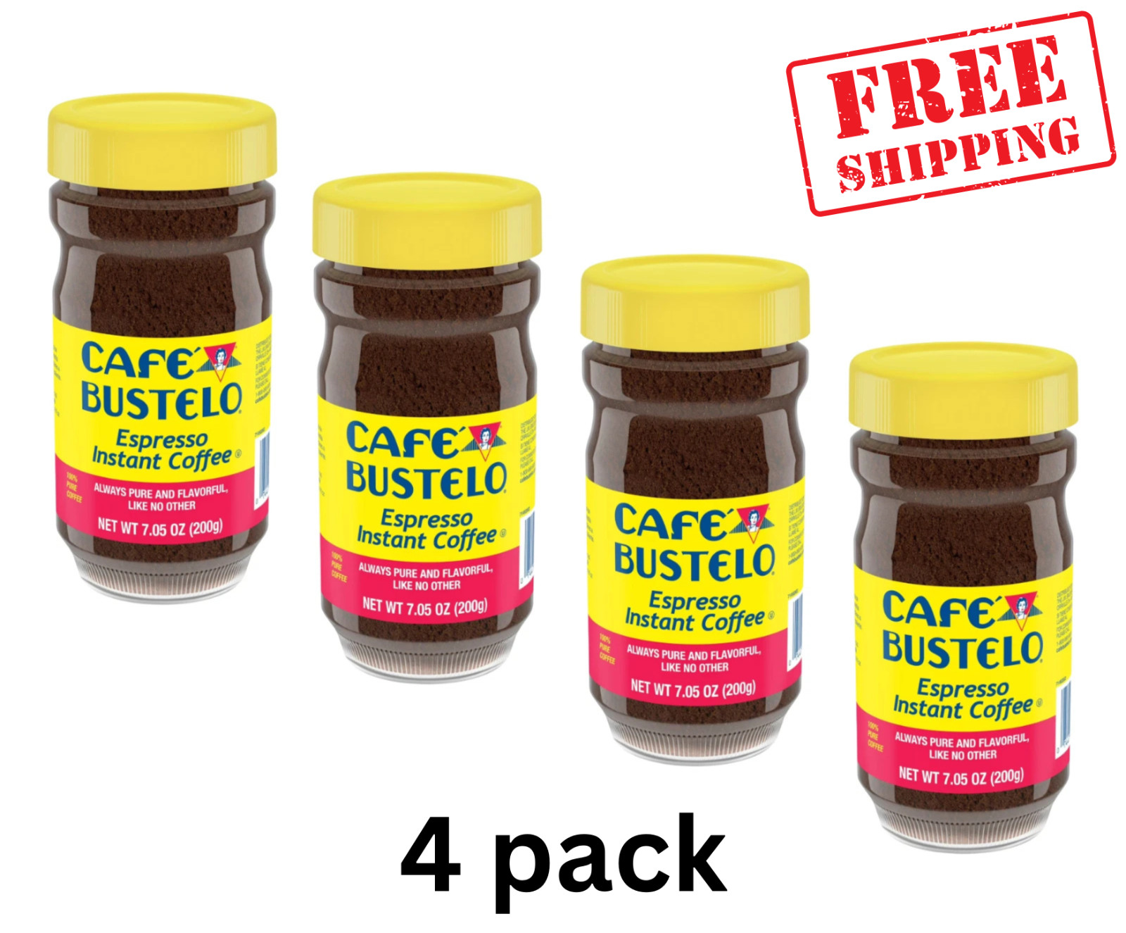Cafe Bustelo, Espresso Style, Dark Roast Instant Coffee 7.05 oz Jar (PACK OF 04)