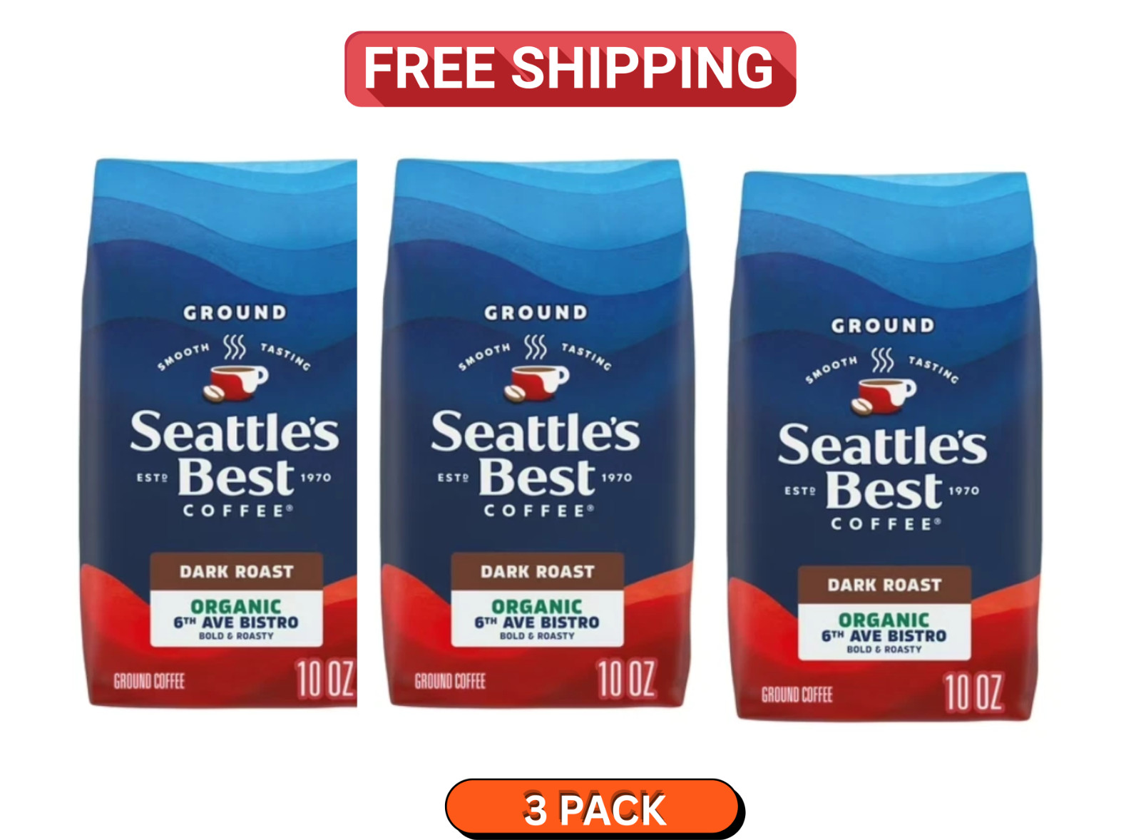 Seattle’s Best Organic Bistro Dark Roast Ground Coffee Pack of 3 Free Ship