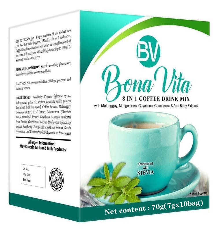 Bona Vita 8-In-1 Coffee Instant Coffee Drink Stevia Organic Sweetened 10 Bag US