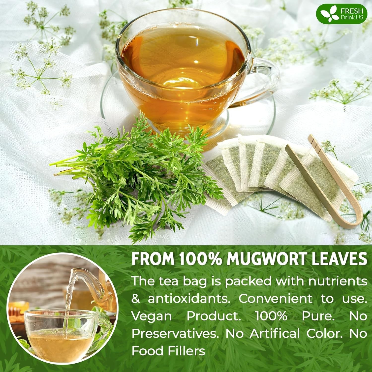 FreshDrinkUS, Premium 45 Mugwort Leaf Tea Bags, 100% Natural and Pure Mugwort Le