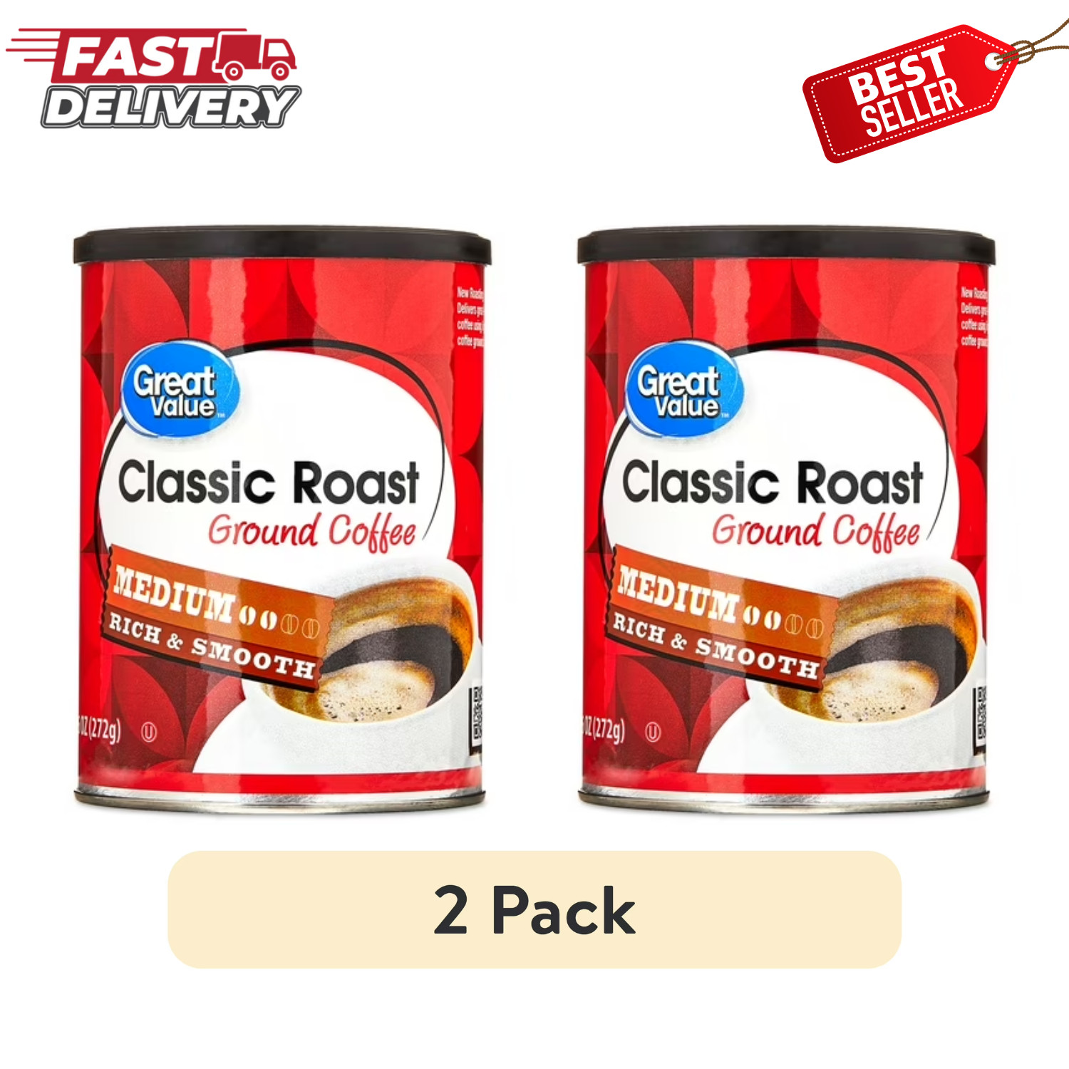 2-Pack Great Value Classic Roast Ground Naturally Caffeinated Coffee 9.6oz