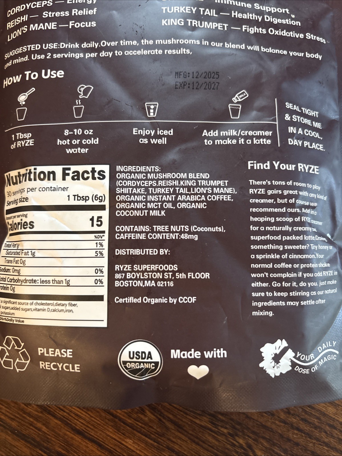 Ryze Mushroom Coffee Drink 6.35oz 30 Servings