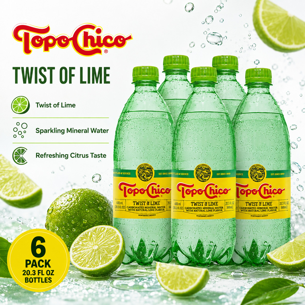 Topo Chico Twist of Lime Sparkling Mineral Water 20.3 Fl Oz Bottles 6 Pack