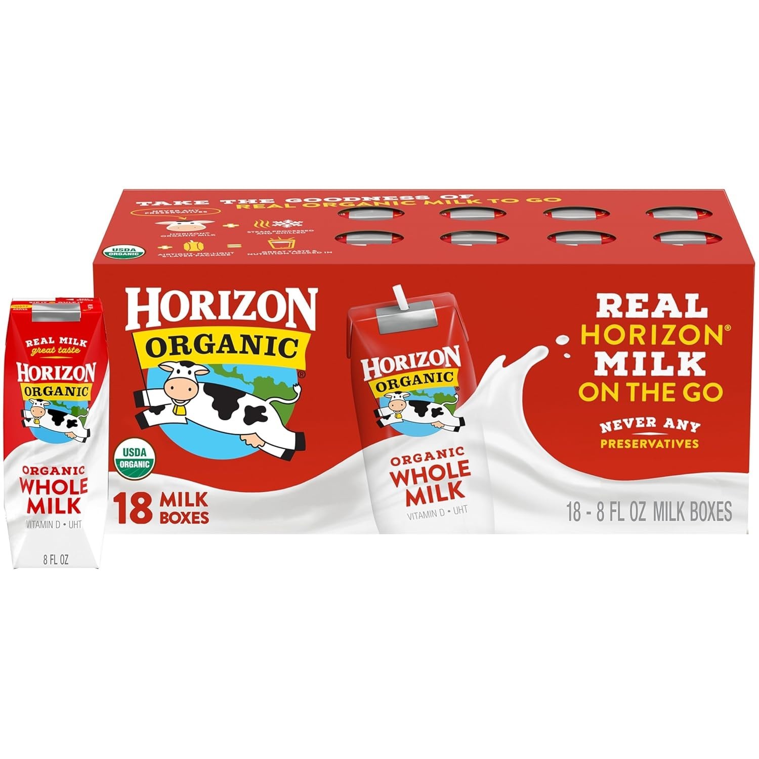 Horizon Organic Whole Milk Boxes 8 Fl Oz Pack of 18 USDA Organic Shelf Stable