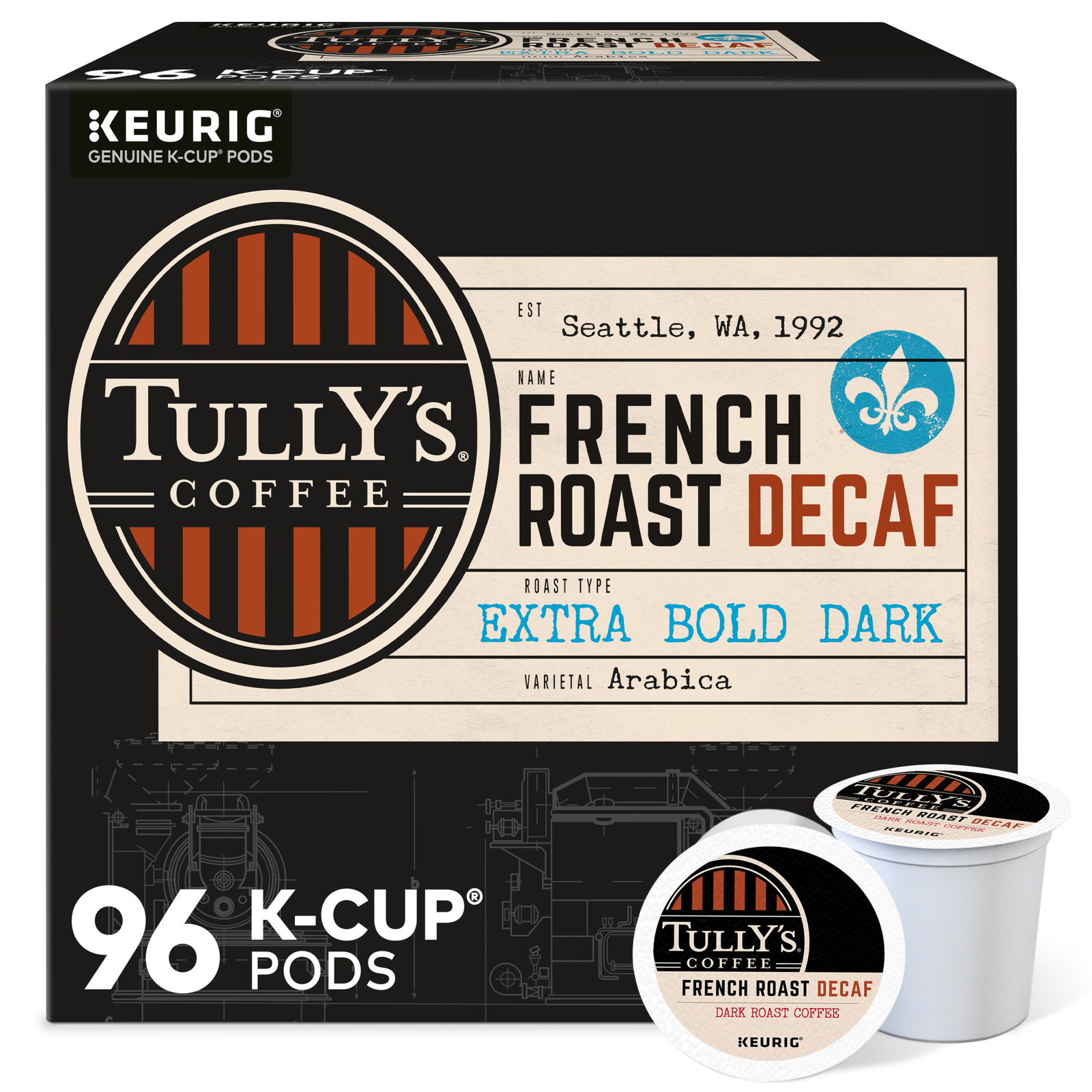 Tully’s Coffee French Roast Decaf, Keurig K-Cup Pod, Dark Roast, 96 Count