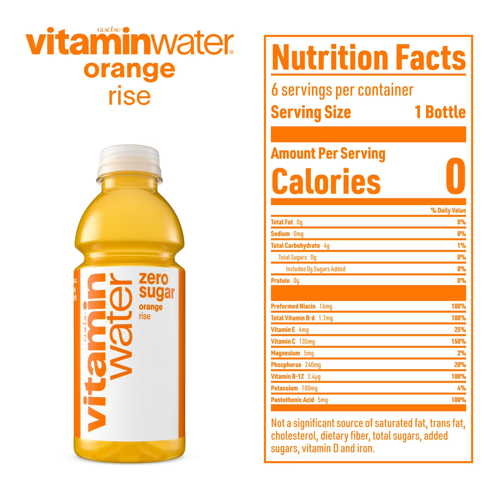 vitaminwater Rise Zero Sugar Orange Flavored Water Beverage, 16.9 fl oz, 6 Pack-
