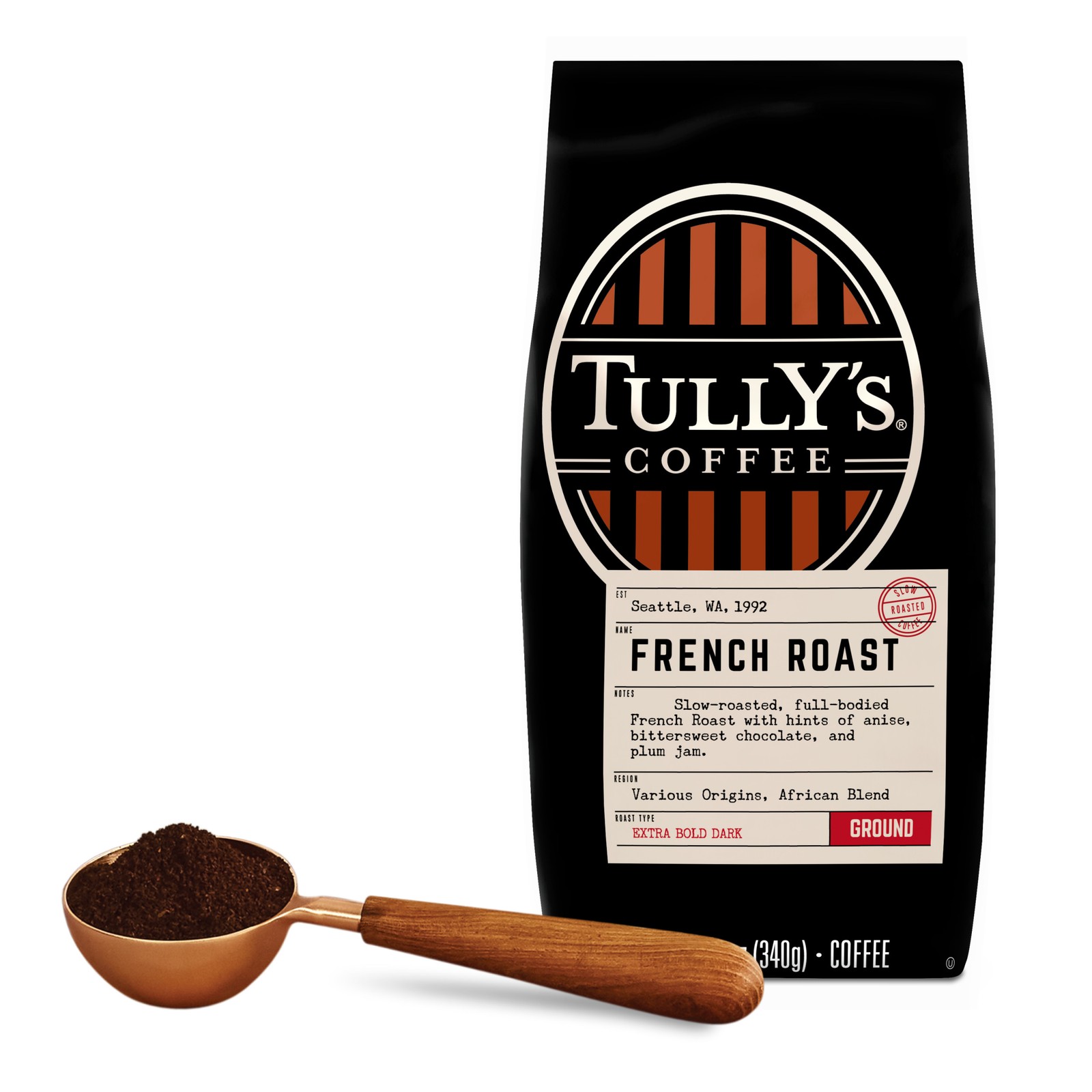Tully’s Coffee French Roast, Ground Coffee, Dark Roast, Bagged 12oz