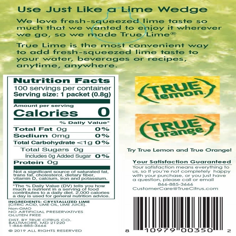 (100 Packets ) True Lime Sugar Free, On-The-Go, Caffeine Free Powdered Drink Mi