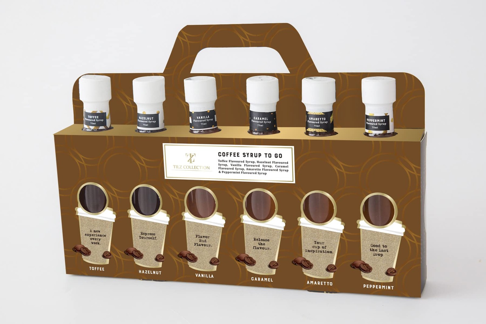6 Pack Premium Coffee Syrup Gift Set Vanilla Caramel Toffee 75ml Bottle Assorted