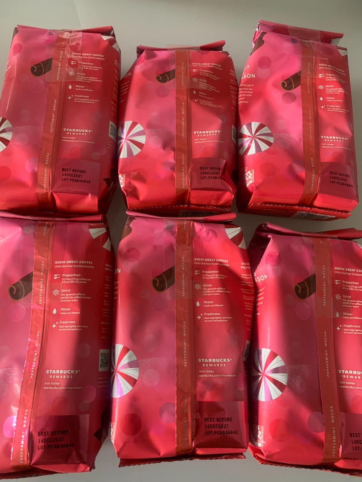 Starbucks Peppermint Mocha Ground Coffee 6 Bag Lot 11oz Holiday EXP 12/2027