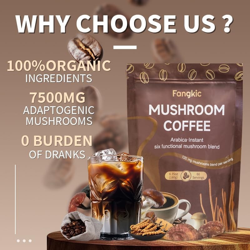 “Instant Organic Mushroom Coffee, 6.35oz (60 Servings) 6 in 1 Medium Roast Cof..