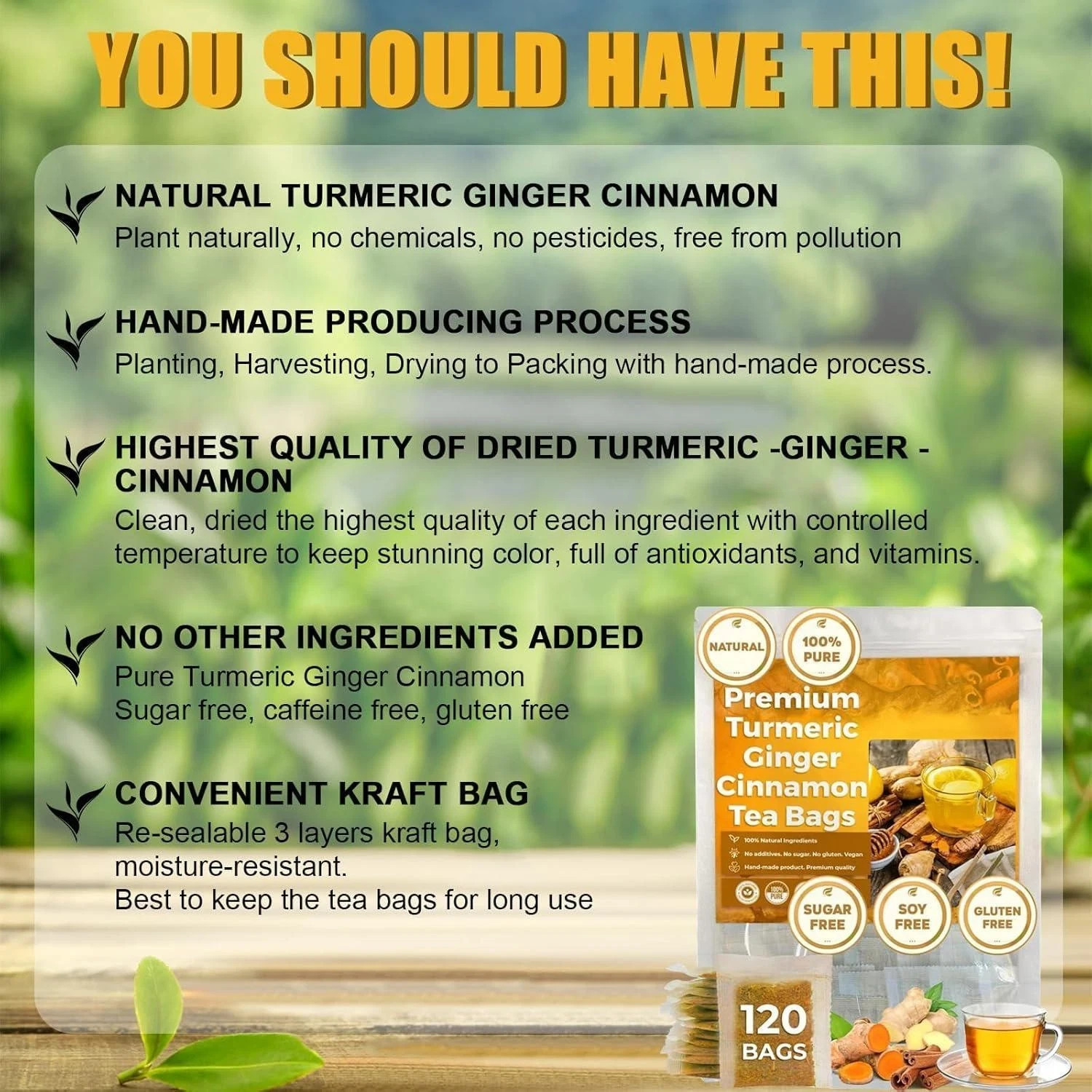 Turmeric Ginger Cinnamon Tea 60/120 Bags Vegan No Sugar Caffeine Gluten Free Hot
