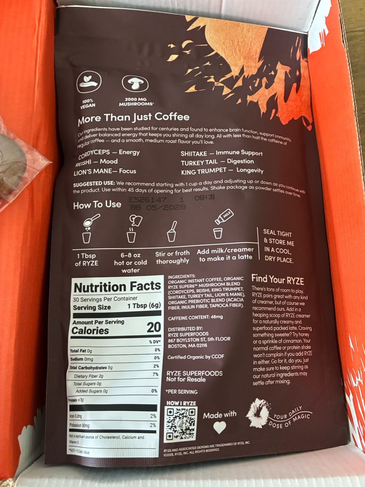Rhys Mushroom Coffee Drink Starter Kit Bag 6.35 Oz 30 Servings Wood Accessories