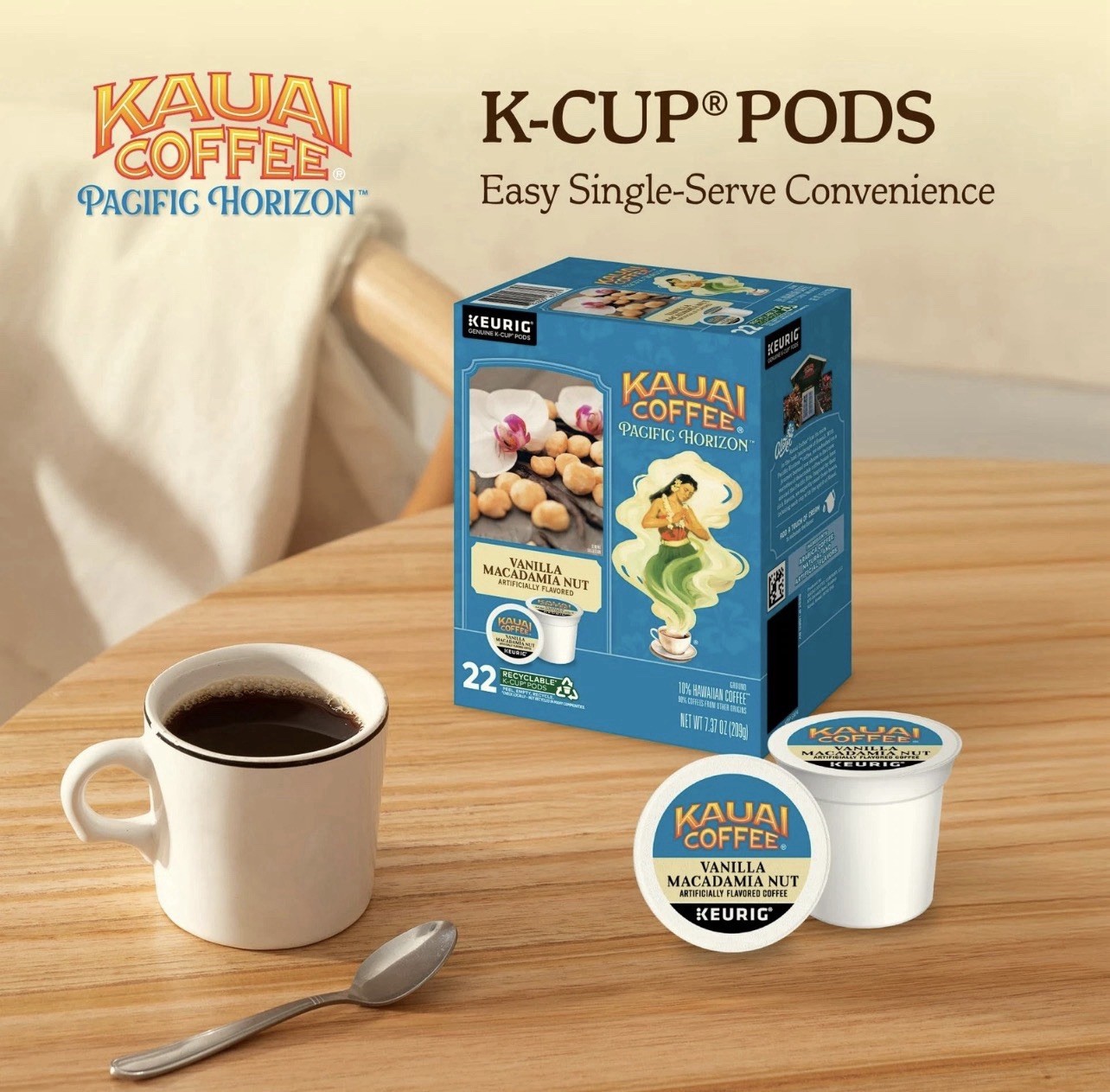 K-Cup Pods Vanilla Macadamia Nut 10% Hawaiian 1 Pack of 22 for Keurig Brewers