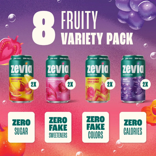 Zevia Fruity Variety Zero Sugar Soda 12 Fl Oz Cans 8 Pack Caffeine Free Vegan