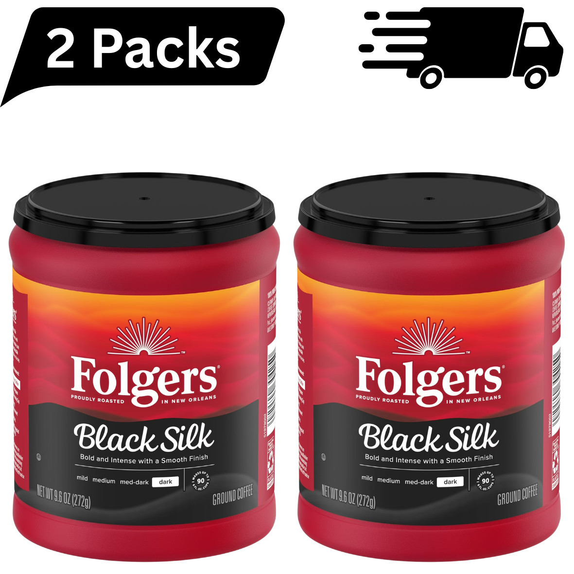 2 PK-Folgers Black Silk Ground Coffee, Smooth Dark Roast Coffee, 9.6 oz Canister