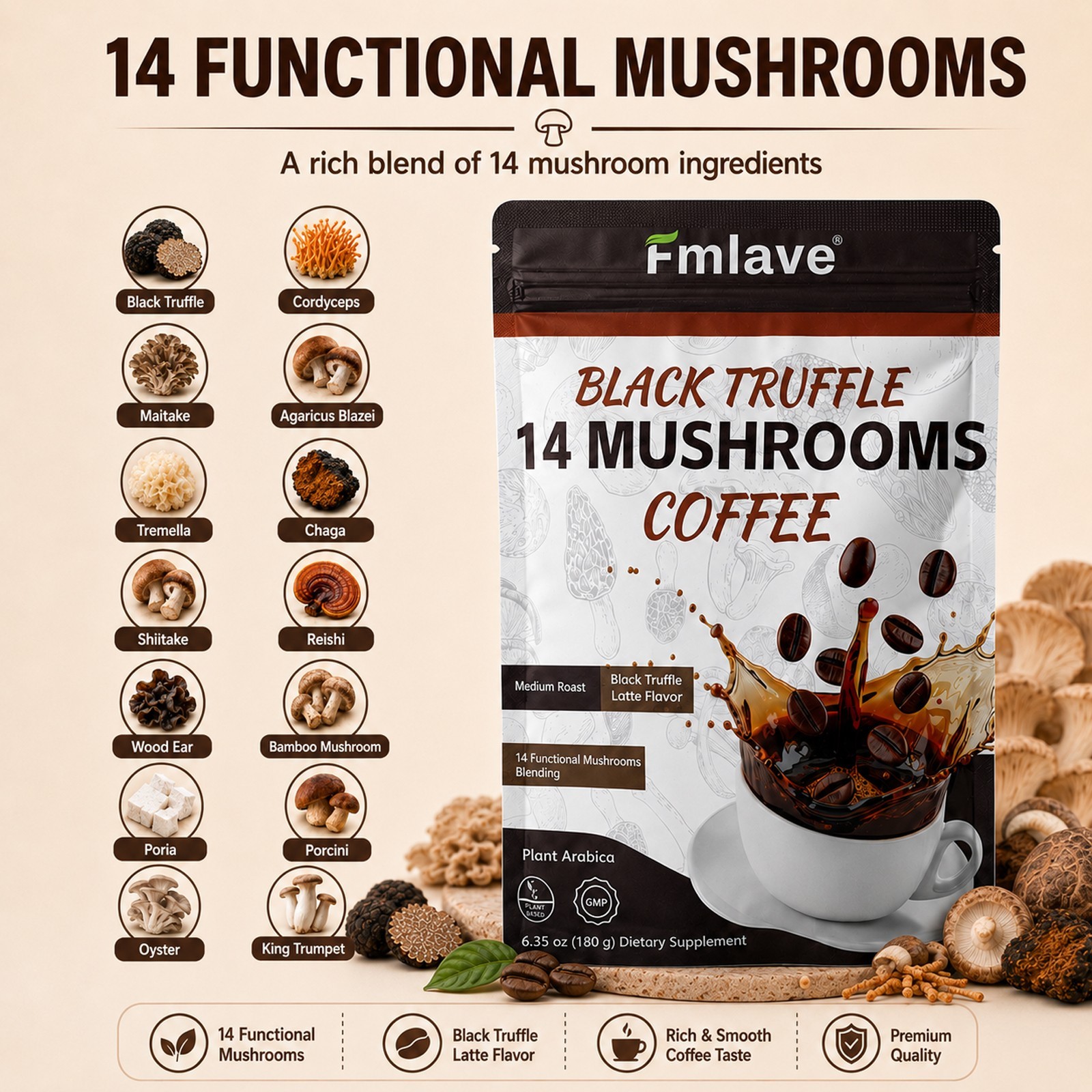 Organic 14 Mushroom Coffee Instant Mushroom Coffee Powder Brain & Immune Boost