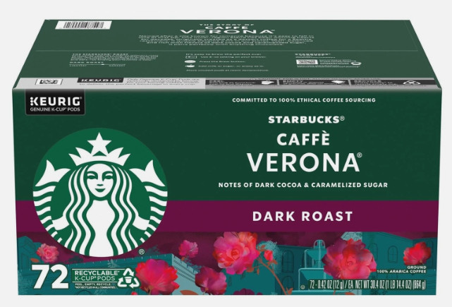 1 Pack Starbucks Coffee Caffe Verona Dark Roast K-Cup Pod 72 Count Jan 2027