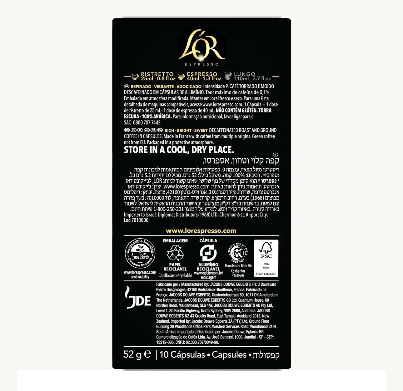L’OR Espresso RISTRETTO, 50 Aluminum Capsules, Intensity 11, Best By 9/17/2026