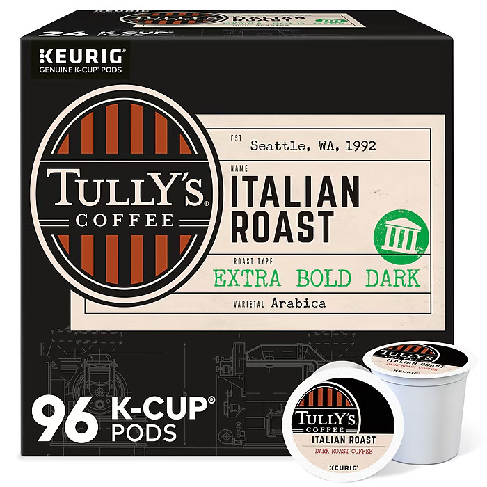 96 Tully’s Italian Roast Coffee Keurig Single-Serve K-Cup Pods Dark Roast 96 Ct.