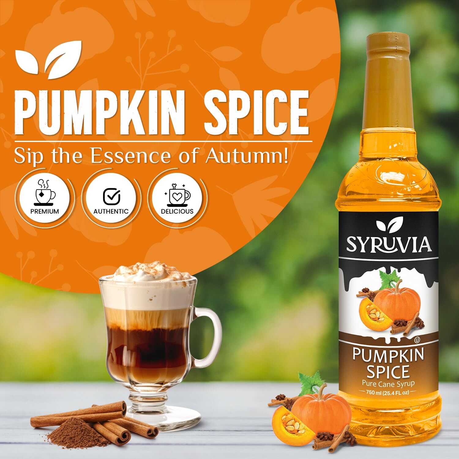 Syruvia Pumpkin Spice Syrup 25.4 fl oz, Kosher, Gluten-Free, Perfect for Drinks