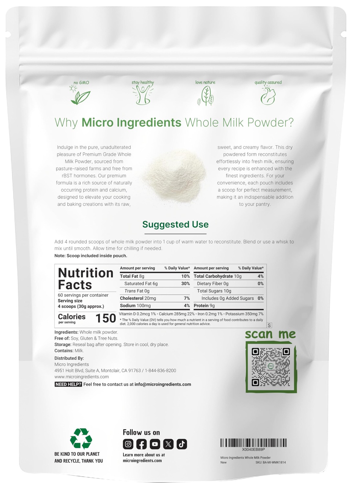 Whole Milk Powder 4lbs Non-GMO rBST Free Protein Rich for Baking
