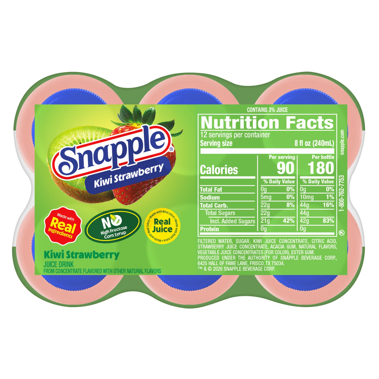 (2 pack) Snapple Kiwi Strawberry Juice Drink, 16 fl oz, 6 Count Bottle.