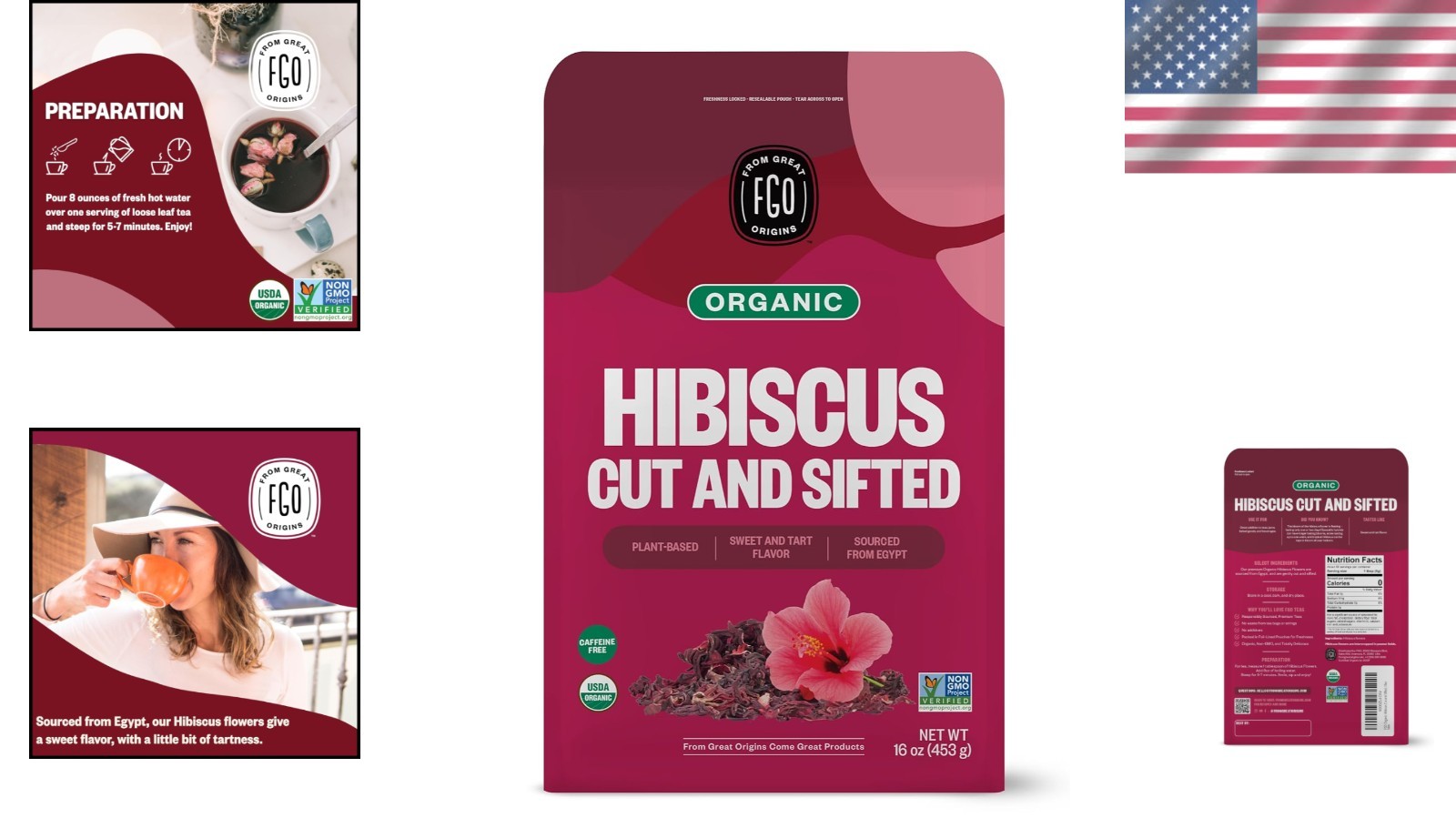Organic Cut & Sifted Hibiscus Flowers – 16oz Resealable Bag, Imported from Egypt