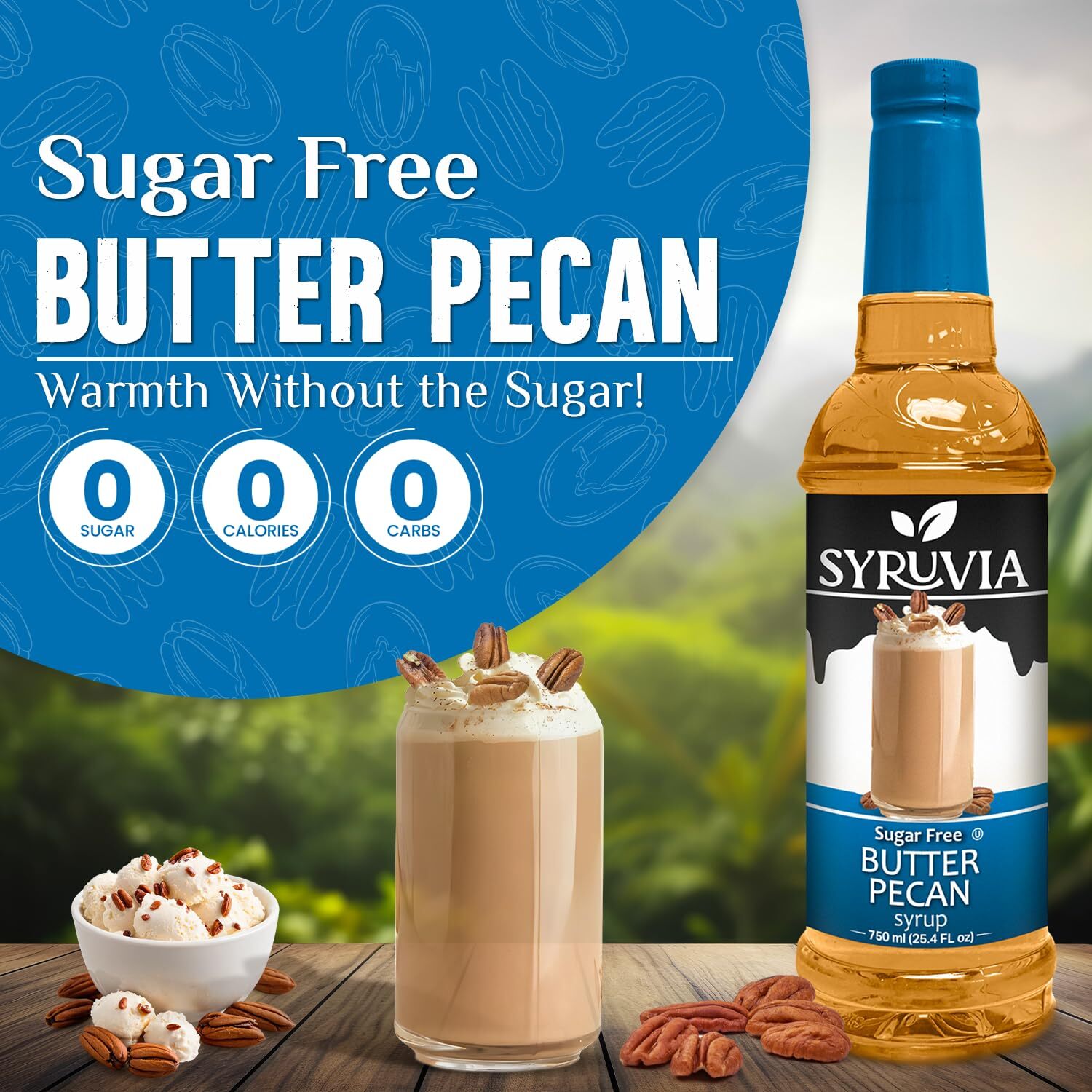 Syruvia Sugar Free Butter Pecan Syrup 25.4 fl oz, Perfect for Coffee, & More