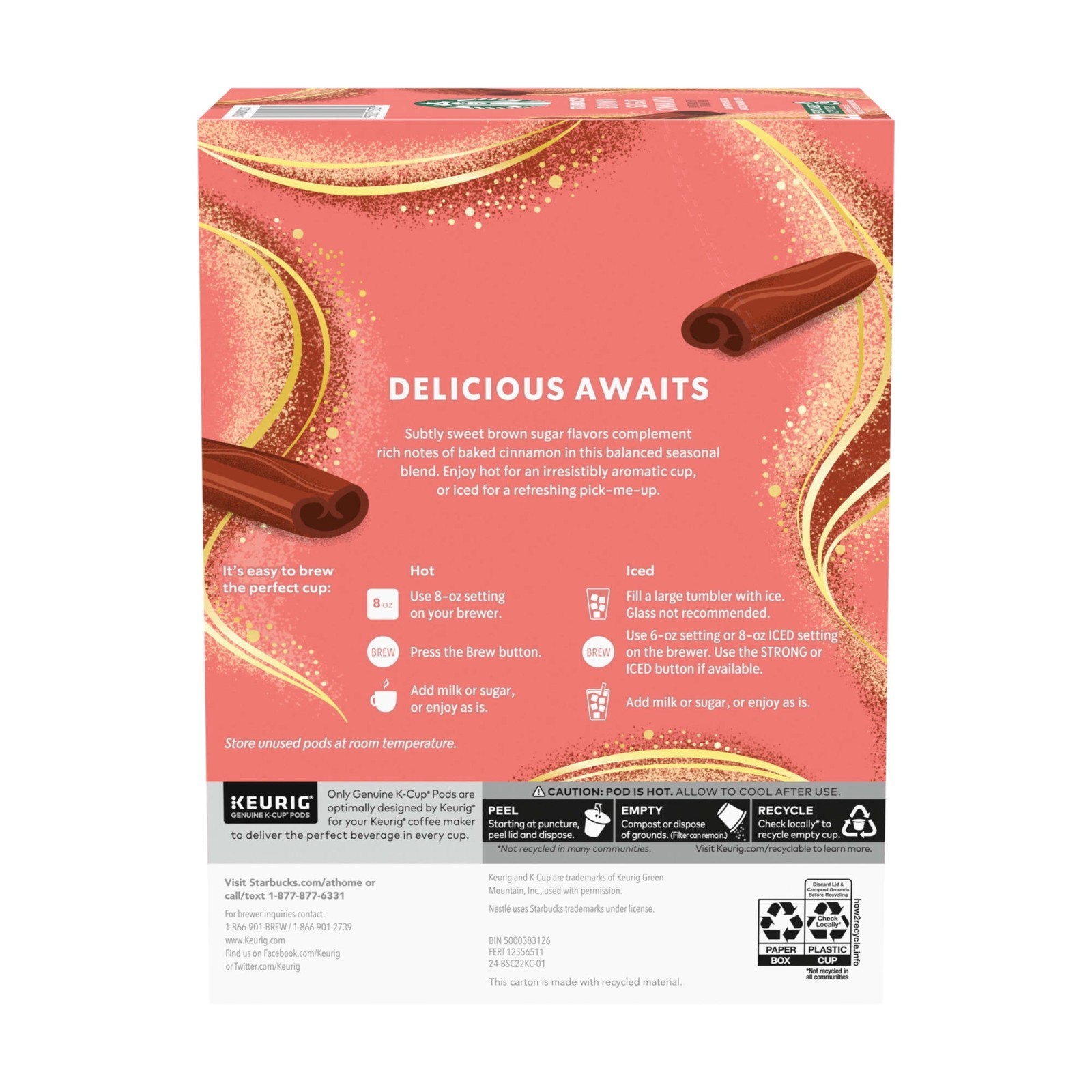 Starbucks Brown Sugar Cinnamon K-Cup Coffee Pods Hot or Iced 22 Count
