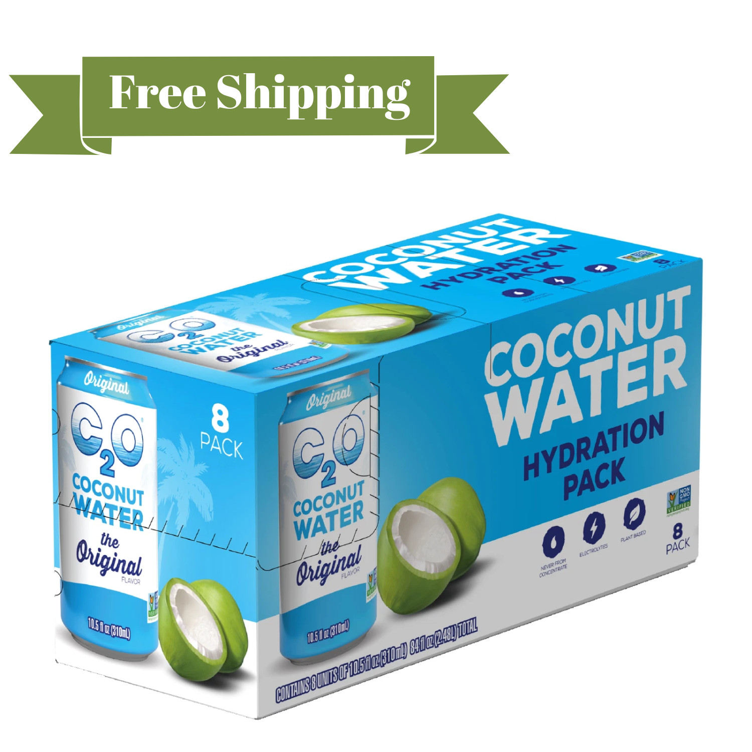 C2O Pure Coconut Water, Coconut Water Hydration Pack, 10.5 fl oz, 8 Pack.