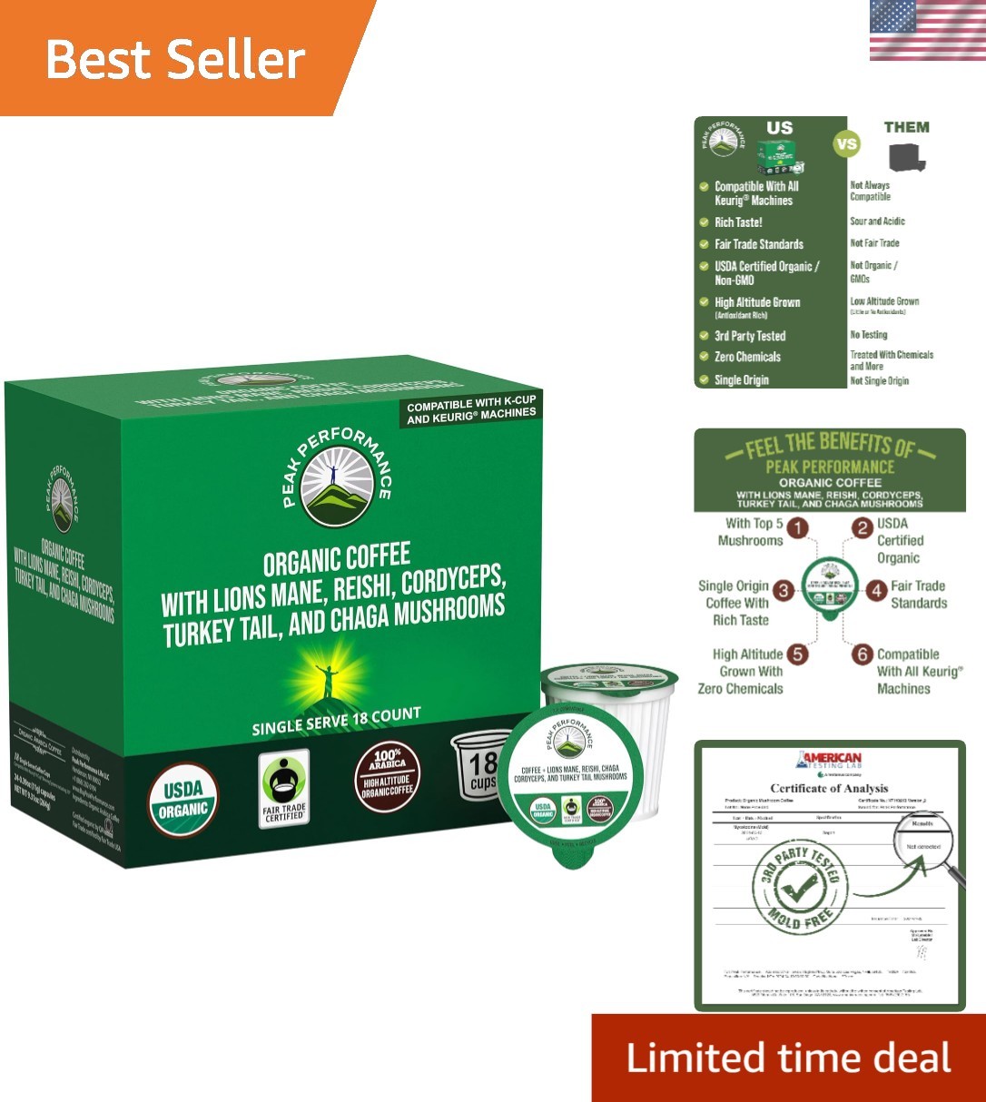 Instant Nootropic Mushroom Coffee Pods: Low Acid, Smooth Taste, 18 Count