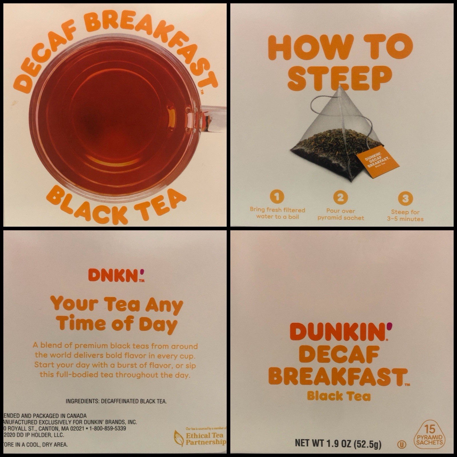 Dunkin Decaf Breakfast Black Tea 15 tea bags Decaffeinated Anytime Of Day