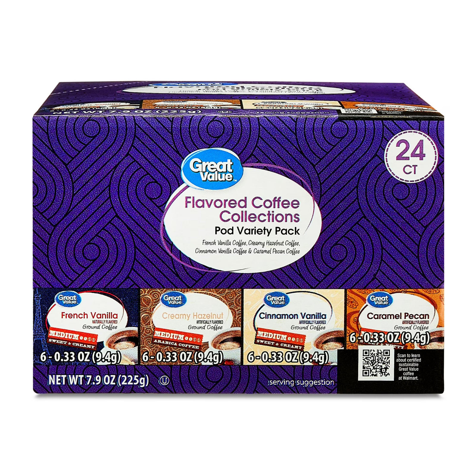 Great Value Flavored Medium Roast Ground Coffee Pods Variety Pack, 7.9 oz, 24 CT