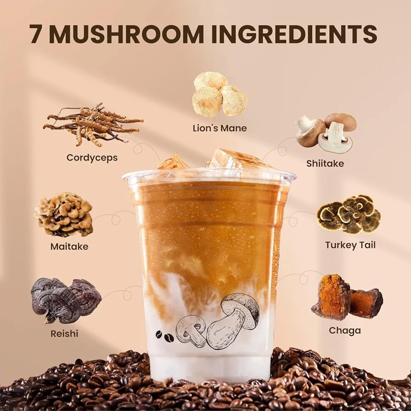 Mushroom Coffee Organic Instant Coffee 7-in-1 Latte Powder Blend 30 Servings NEW